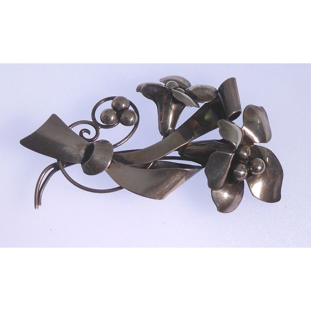 Pretty Flower Bouquet Sterling Silver Brooch Signed A&Z